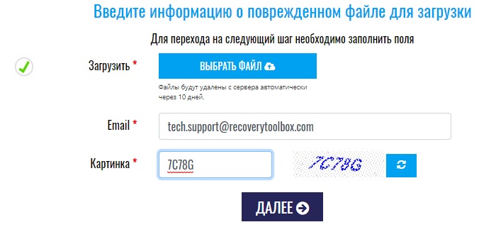 Введите информацию о поврежденном файле для загрузки